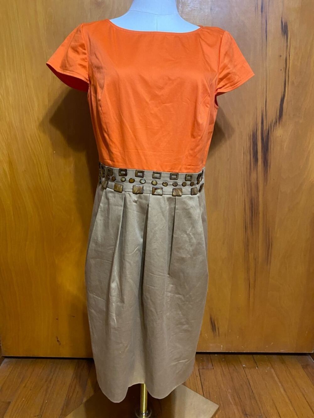 Chetta B Orange Bodice Tan Pleated Midi Dress Stone Embellished Short Sleeve